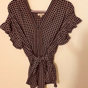 Max Studio V Neck Belted Flutter Sleeve Top